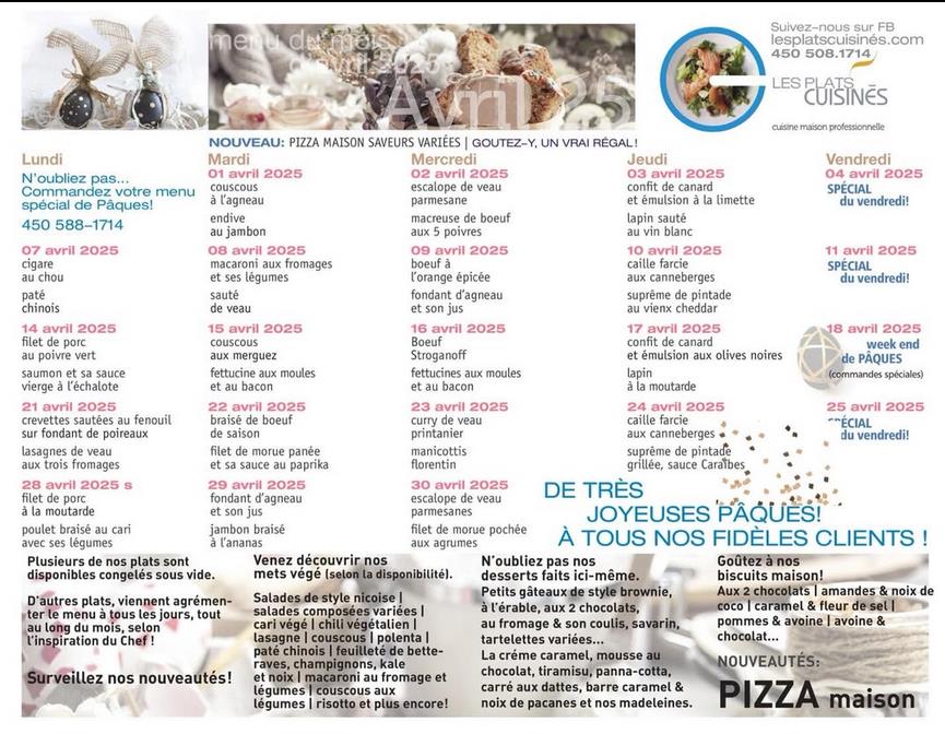 menu du mois d'avril